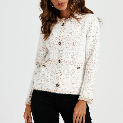 Leopard Pattern Lace Trim Boucle Jacket in Cream