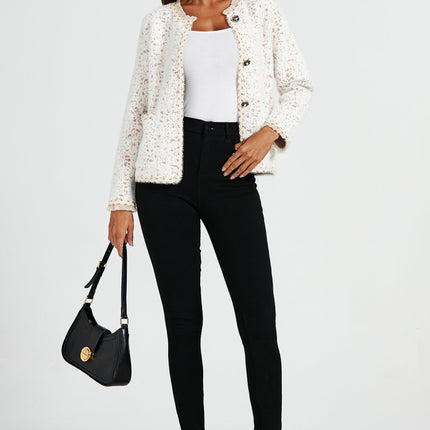 Leopard Pattern Lace Trim Boucle Jacket in Cream