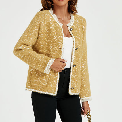 Leopard Pattern Lace Trim Boucle Jacket in Yellow