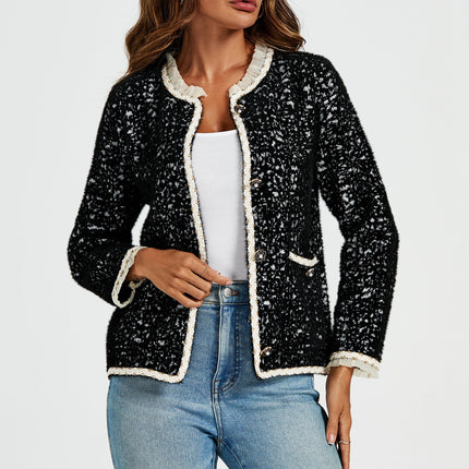 Leopard Pattern Lace Trim Boucle Jacket in Black