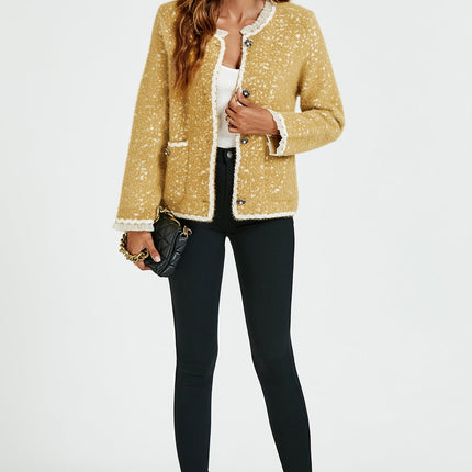 Leopard Pattern Lace Trim Boucle Jacket in Yellow