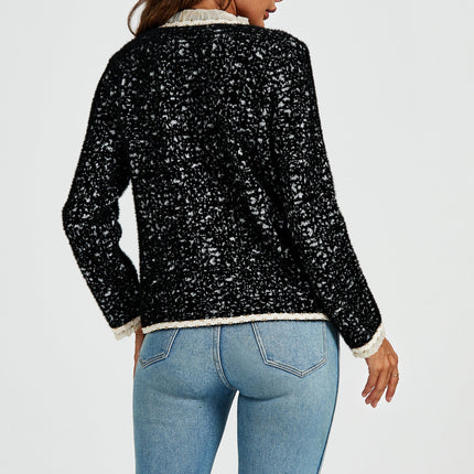 Leopard Pattern Lace Trim Boucle Jacket in Black