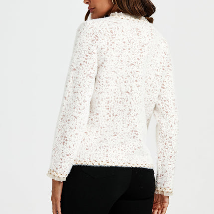 Leopard Pattern Lace Trim Boucle Jacket in Cream