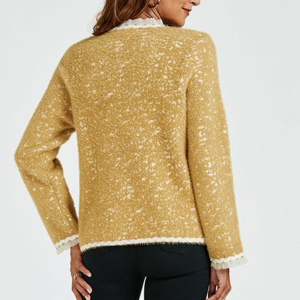 Leopard Pattern Lace Trim Boucle Jacket in Yellow