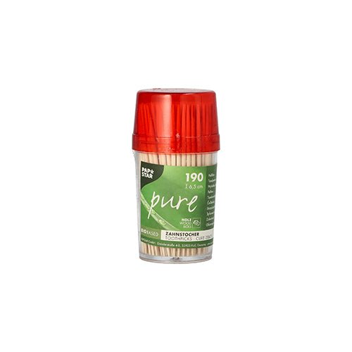 PAPSTAR Zahnstocher aus Holz "pure" rund, 6,5 cm im Spender | Dose (190 Stück)