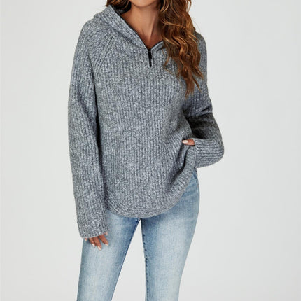 Zip Detail Knit Hoodie In Grey