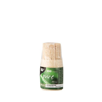 PAPSTAR Zahnstocher "pure" rund, 6,8 cm, im Holzspender | Folie (200 Stück)