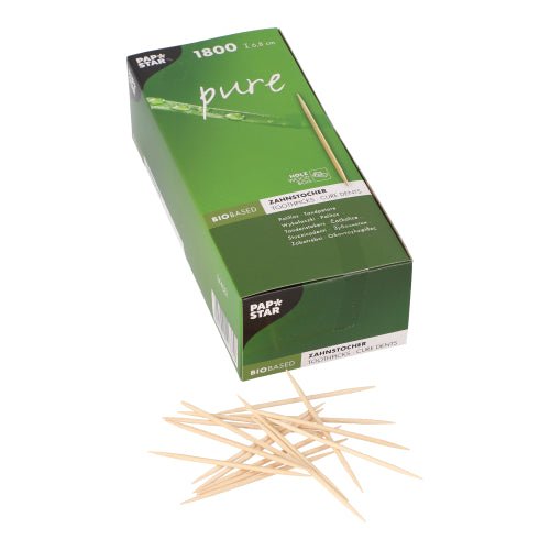 PAPSTAR Zahnstocher "pure" rund, aus Holz, 6,8 cm | Papptray (1800 Stück)