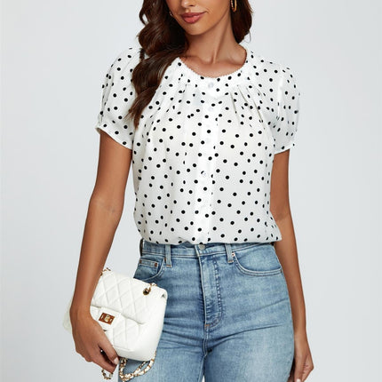 Dot Print Short Sleeves Top In White