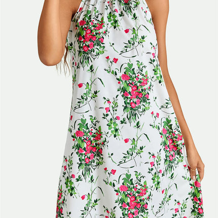 Pink Floral Print Halter Neck Tie Back Mini Dress In White