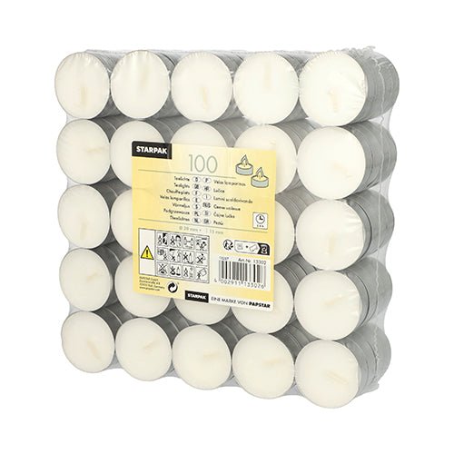 Starpak 100 Teelichter Ø 39 mm · 15 mm weiss | Schrumpffolie (100 Stück)