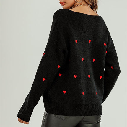 Embroidery Red Heart V Neck Jumper In Black