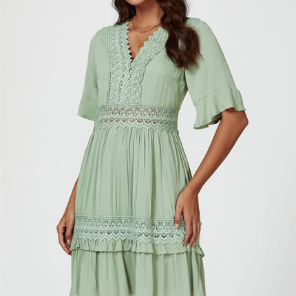 V Neck Lace Mini Dress In Green