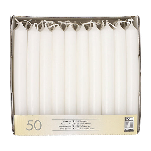 Starpak 50 Tafelkerzen Ø 2,1 cm · 19,6 cm weiss | Papptray (50 Stück)