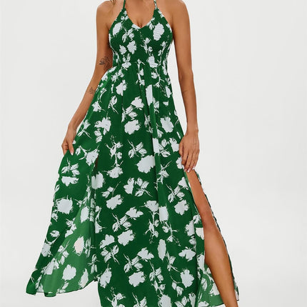 Floral Print Tie Halterneck Back Detail Maxi Dress In Green