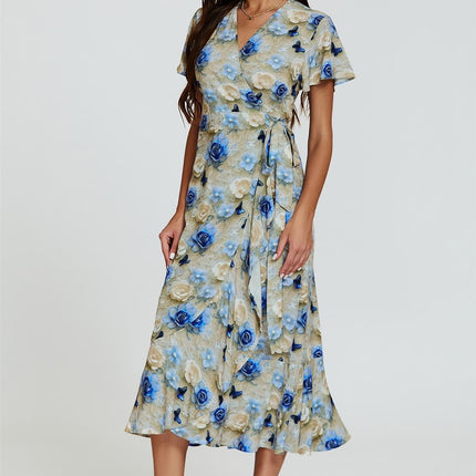 Floral Print Wrap Hem Midi Dress In Beige
