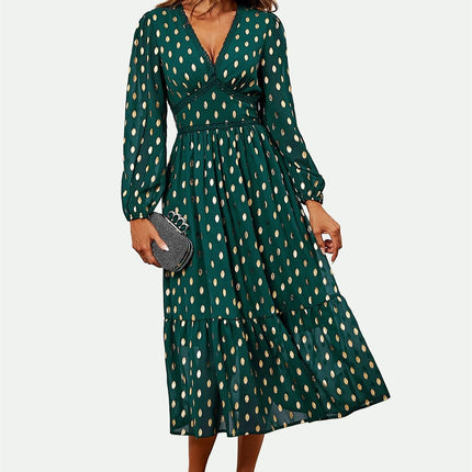 Lace Trim Foil Long Sleeve Maxi Dress In Green