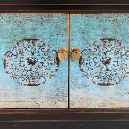 Vintage Asia Asiatisches Lowboard Kommode Bank Türkis-Schwarz - Art. 35208-5