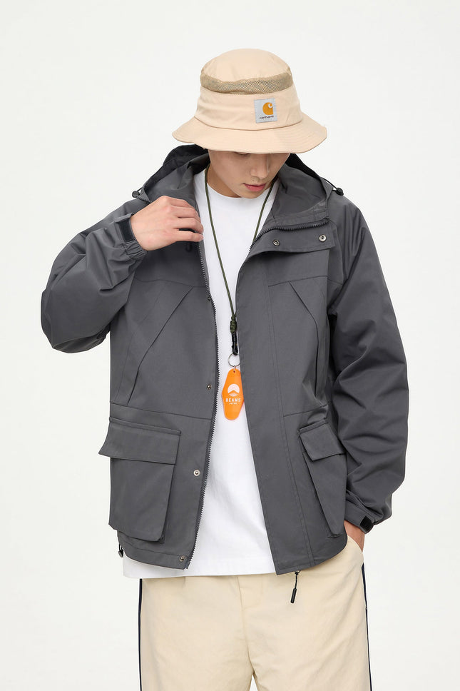 Patched Pockets Waterproof Jacket in Grey