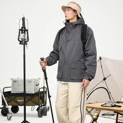 Patched Pockets Waterproof Jacket in Grey