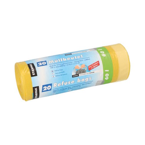 Starpak 20 Müllsäcke mit Zugband, HDPE 60 l 71 cm x 64,5 cm gelb | Banderole (20 Stück)