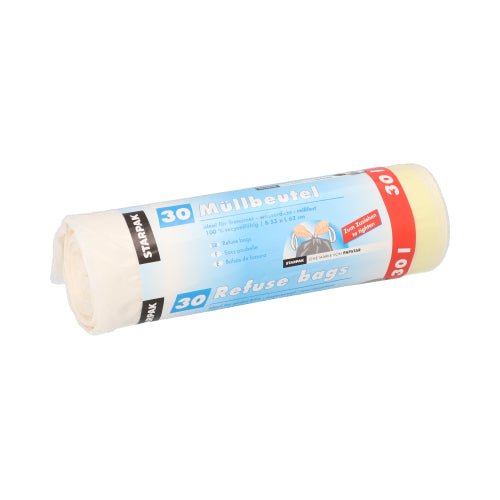 Starpak 30 Müllbeutel mit Zugband, LDPE 30 l 62 cm x 53 cm weiss | Banderole (30 Stück)