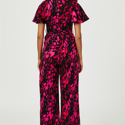 Pink Abstract Print Wrap Top Jumpsuit In Black