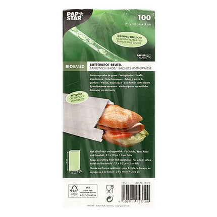 PAPSTAR Butterbrotbeutel fettdicht, 21x10x3 cm, weiß | Schrumpffolie (100 Stück)