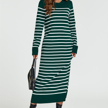 Stripe Pattern Knitted Tunic Jumper Dress In Dark Green