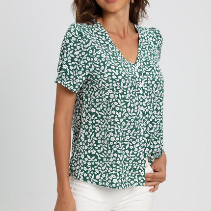 Short Sleeve Buttoned Blouse Top In Green & White Flora  Print