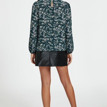 Bird & Floral Print Frill Detail High Neck Top In Green