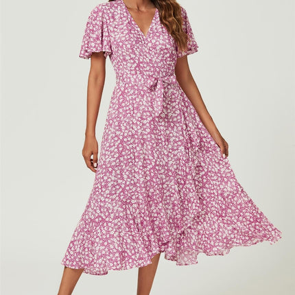 Floral Print Midi Wrap Dress In Pink