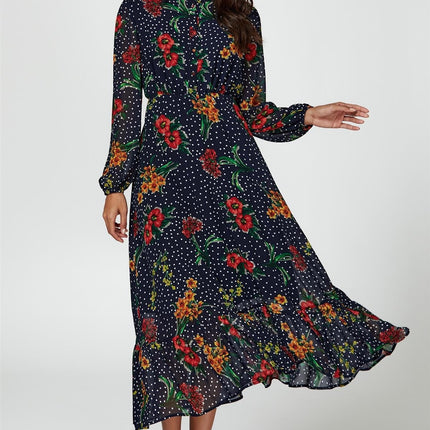 Floral Dot Print Maxi Dress In Navy