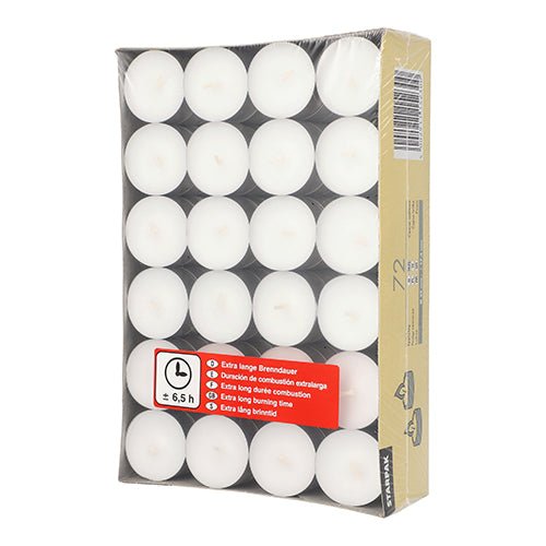 Starpak 72 Teelichte Ø 39 mm · 17,5 mm weiss · mit langer Brenndauer 6,5 h | Papptray (72 Stück)
