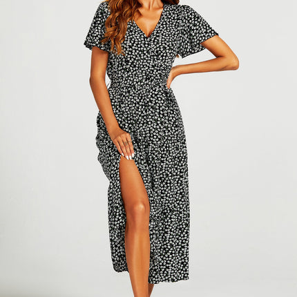 Printed Hem Tiered Wrap Neckline Midi Dress with Split Leg in Black