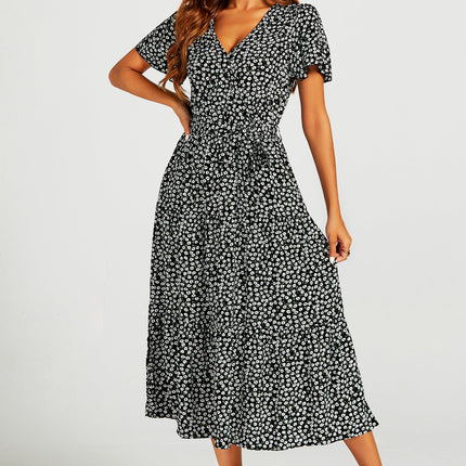 Printed Hem Tiered Wrap Neckline Midi Dress with Split Leg in Black