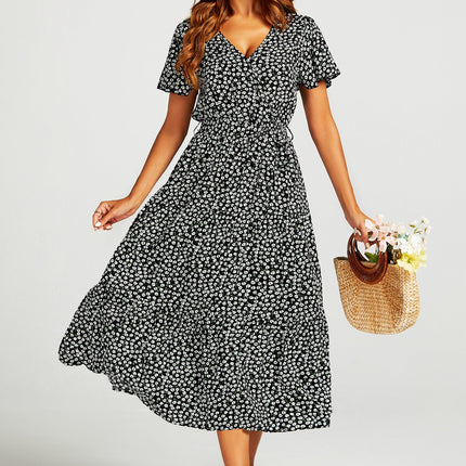 Printed Hem Tiered Wrap Neckline Midi Dress with Split Leg in Black