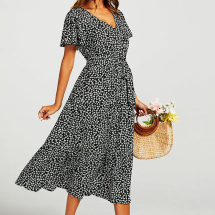 Printed Hem Tiered Wrap Neckline Midi Dress with Split Leg in Black