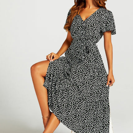 Printed Hem Tiered Wrap Neckline Midi Dress with Split Leg in Black