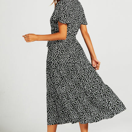 Printed Hem Tiered Wrap Neckline Midi Dress with Split Leg in Black
