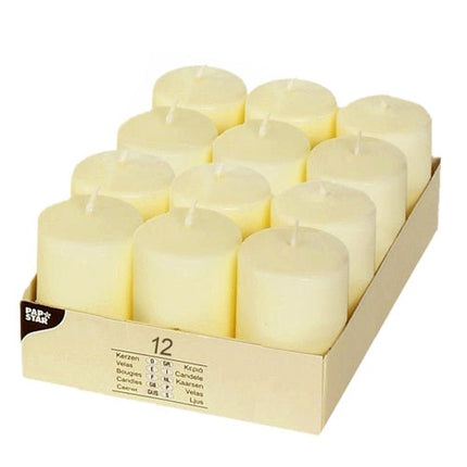 PAPSTAR Stumpenkerzen Ø 40 mm, 60 mm elfenbein, Flachkopf "Ivory" | Papptray (12 Stück)