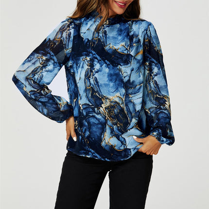 Marble Print Long Sleeve High Neck Top In Navy