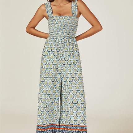 Geo Print Stretchy Smocked Wide Leg Jumpsuit In Blue