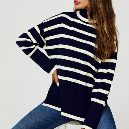 Stripes Pattern Turtleneck Jumper Top In Navy