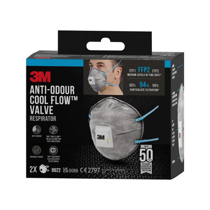 3M™ Cool Flow™ Partikelmaske 9922, FFP2, geruchshemmend, mit Ventil, 2er-Pack | Packung (1 Stück)