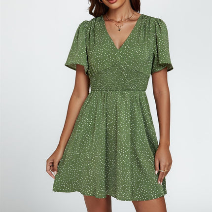 Dot Print Short Sleeve Mini Dress In Green