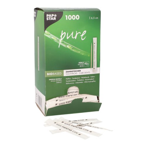 PAPSTAR Zahnstocher "pure" rund, aus Holz, 6,5 cm | Spenderkarton (1000 Stück)