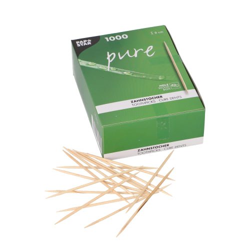PAPSTAR Zahnstocher "pure" aus Holz, rund, 8 cm | Faltschachtel (1000 Stück)