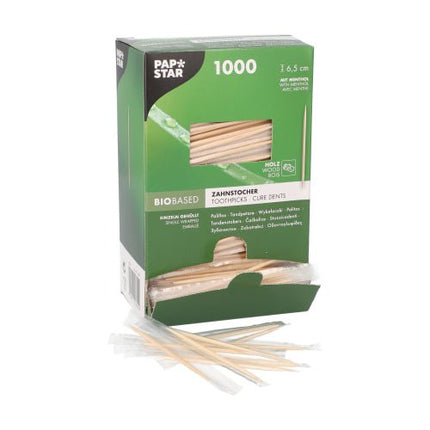 PAPSTAR Zahnstocher rund 6,5 cm, Holz mit Mentholgeschmack | Spenderkarton (1000 Stück)