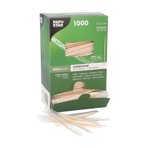 PAPSTAR Zahnstocher rund 6,5 cm, Holz mit Mentholgeschmack | Spenderkarton (1000 Stück)